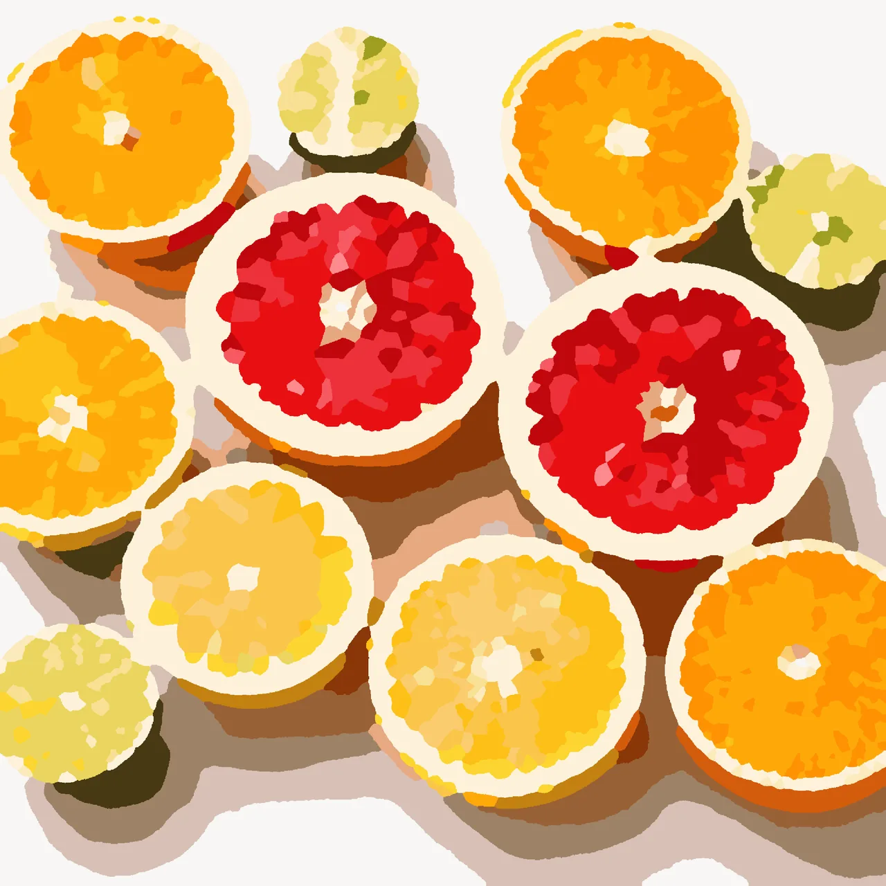 halved oranges, pink grapefruit, lemons and limes seen from above on a white table, painted from the hello paint colour by number kit