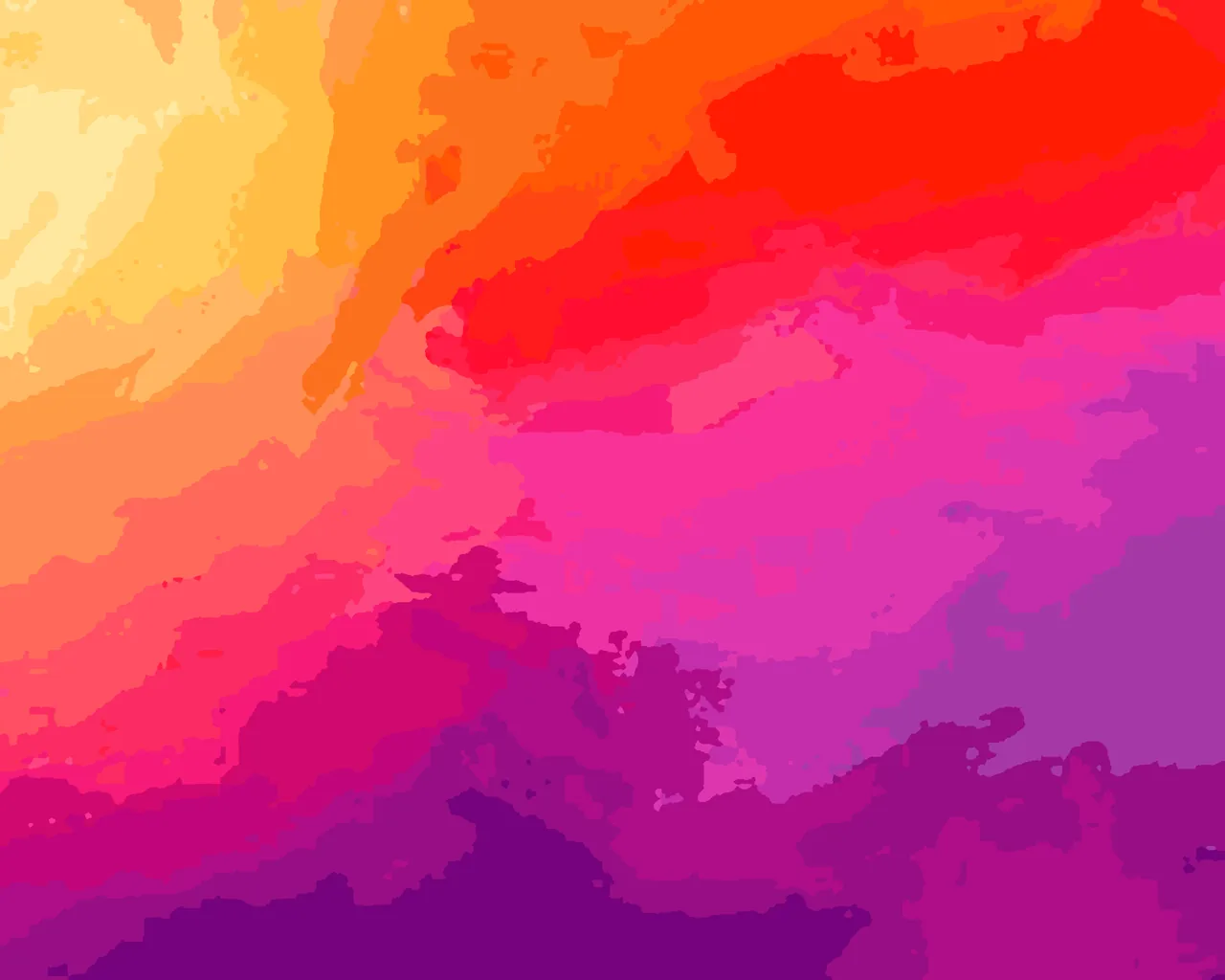 a wash of sunset colour, gold and butter yellow burning through coral and hot pink into deep violet, painted from the hello paint colour by number kit