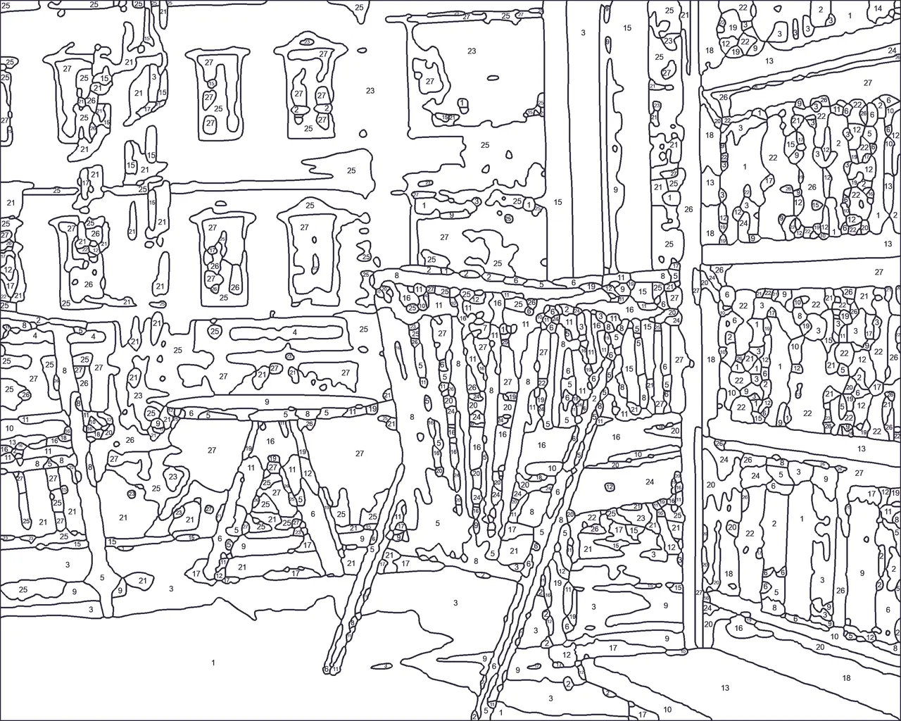 the numbered outline page from the cafe corner colour by number kit