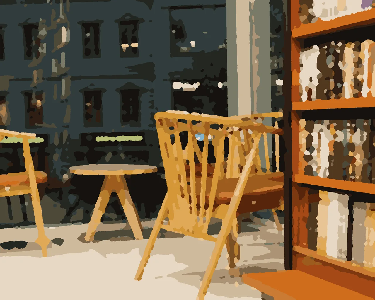 a quiet cafe corner at dusk with blond wooden chairs, a wall of paperbacks and a blue evening window, painted from the hello paint colour by number kit