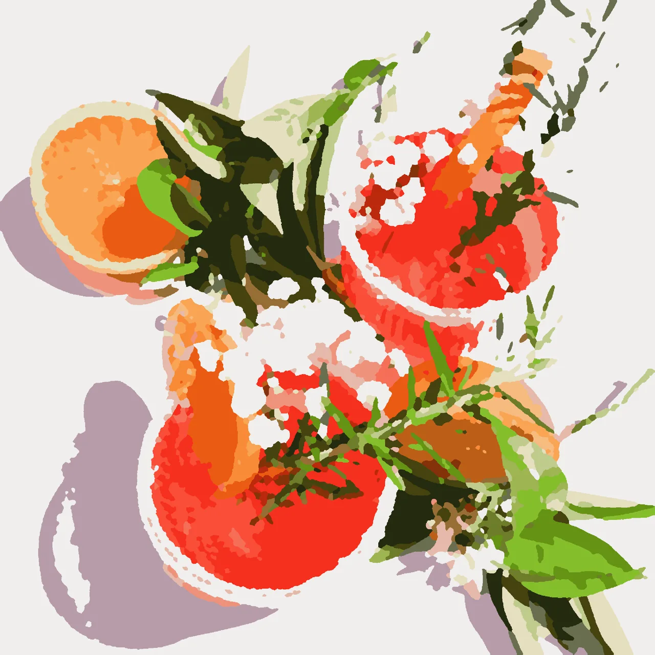 two grapefruit cocktails in hard summer sunlight with rosemary, orange slices and baby's breath, painted from the hello paint colour by number kit