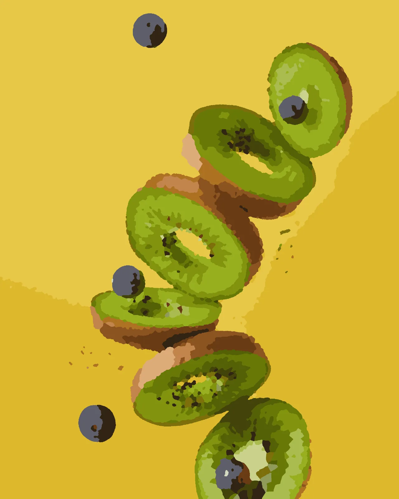 kiwi slices tumbling down a hot yellow background with blueberries falling past them, painted from the hello paint colour by number kit