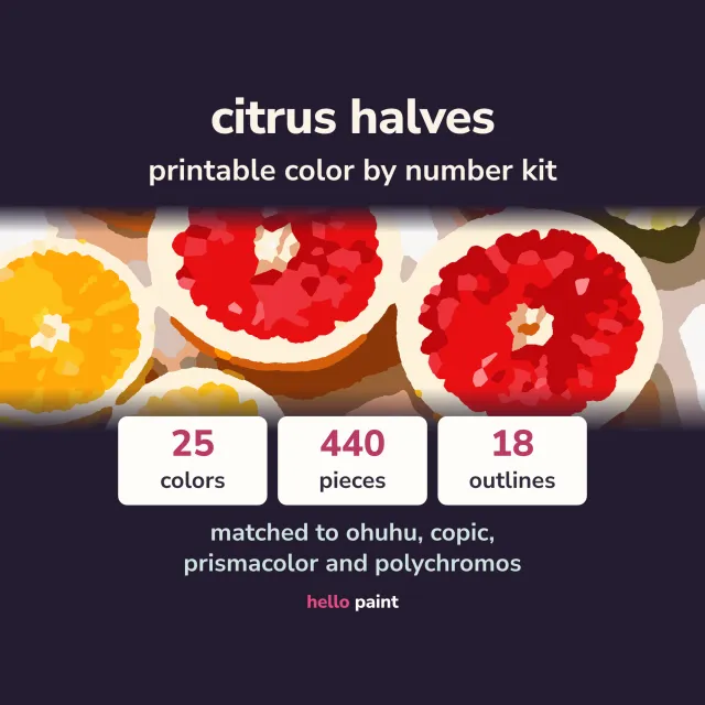 citrus halves color by number kit: the finished picture of oranges, pink grapefruit and lemons cut open and laid out from above, beside the photo it was cut from and a numbered outline page from the printable pdf