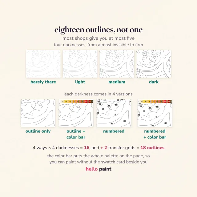 eighteen printable outline pages for the citrus halves kit at four line darknesses, plain or numbered, so alcohol markers and colored pencils each get a page that suits them