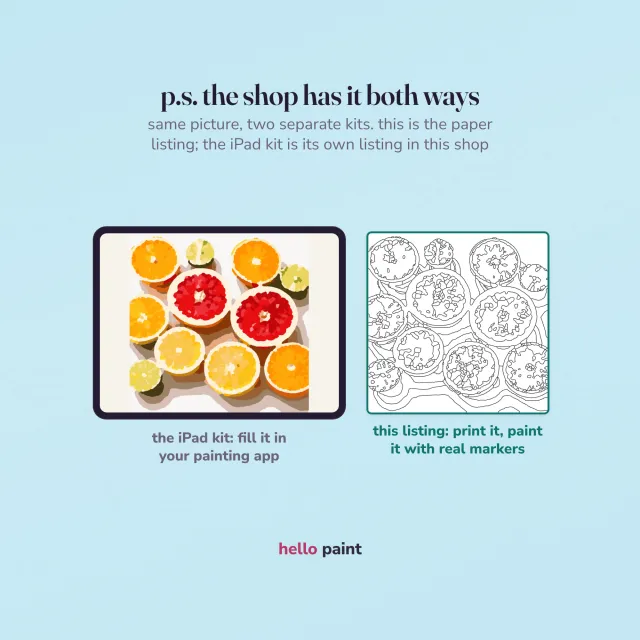 the same citrus halves picture two ways: the procreate version on an ipad beside this printable paper kit for markers, with the paper listing marked