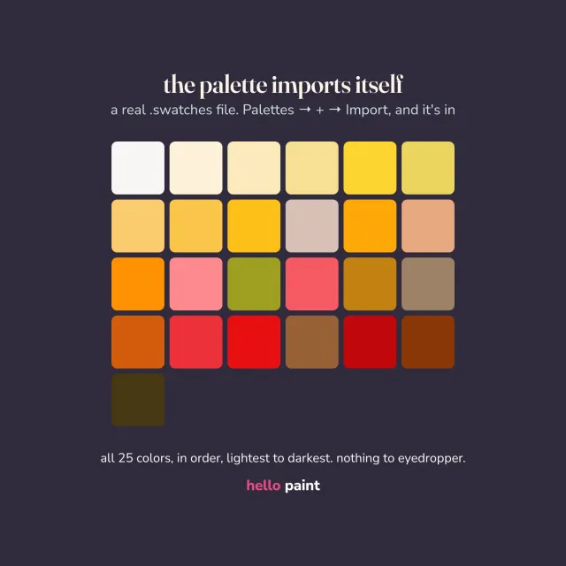 the procreate color palette that loads with the citrus halves kit: all 25 colors in painting order, ready to tap on your ipad