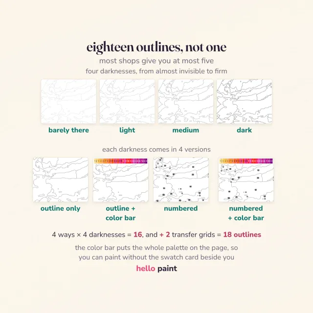 eighteen printable outline pages for the abstract sunset kit at four line darknesses, plain or numbered, so alcohol markers and colored pencils each get a page that suits them