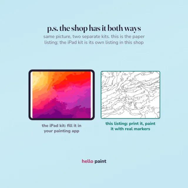 the same abstract sunset picture two ways: the procreate version on an ipad beside this printable paper kit for markers, with the paper listing marked