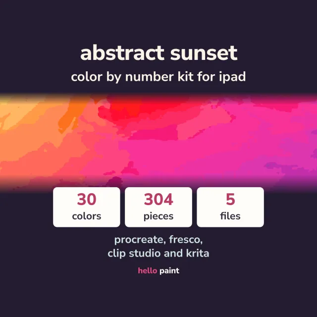 abstract sunset procreate color by number kit on an ipad: the finished digital painting, the photo behind it, and the numbered line art layer