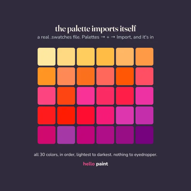 the procreate color palette that loads with the abstract sunset kit: all 30 colors in painting order, ready to tap on your ipad