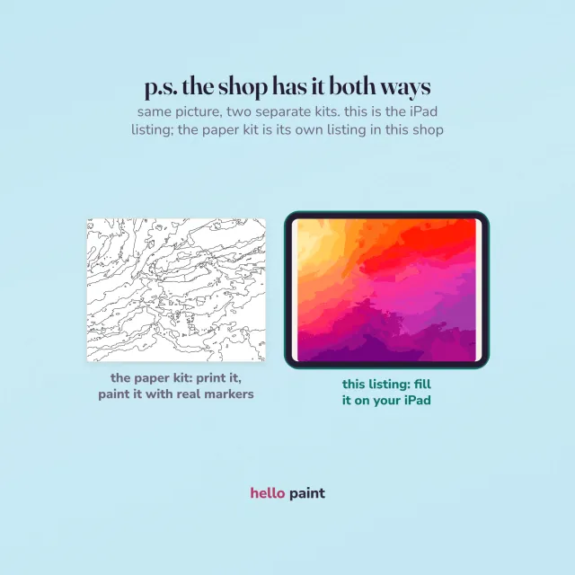 the same abstract sunset picture two ways: this ipad procreate kit beside the printable paper version for alcohol markers, with the ipad listing marked