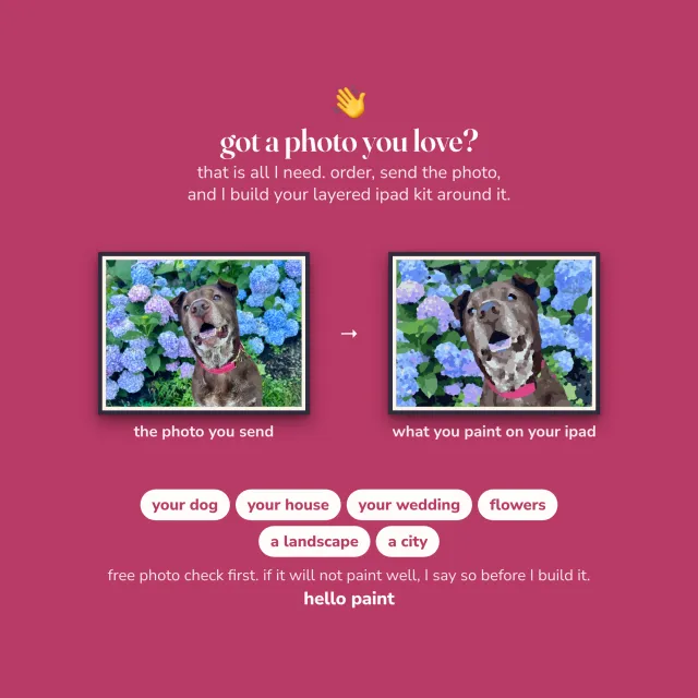 got a photo you love? send it and it becomes a custom color by number kit for your ipad, painted in procreate