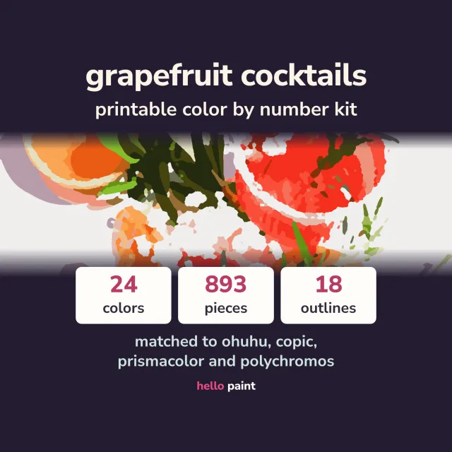 grapefruit cocktails color by number kit: the finished picture of two tall glasses in hard summer sun with rosemary sprigs and orange peel, beside the photo it was cut from and a numbered outline page from the printable pdf