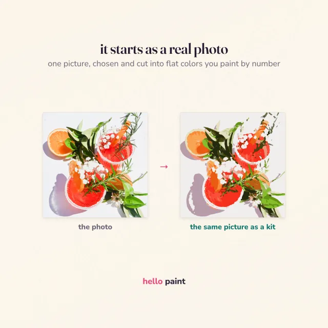the real photograph behind the grapefruit cocktails kit beside the finished flat color version, showing how one photo becomes a printable paint by number