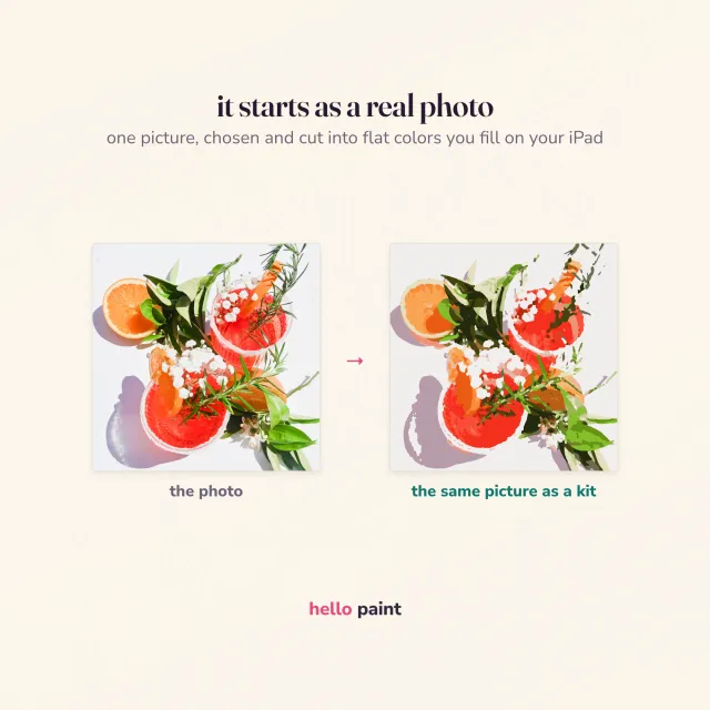 the photograph behind the grapefruit cocktail procreate kit beside the finished digital painting, showing how one photo becomes a paint by number template