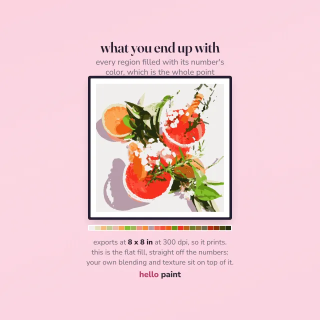 the finished grapefruit cocktail digital painting you end up with, shot from straight above on white with rosemary sprigs, filled in on an ipad with every number and outline switched off