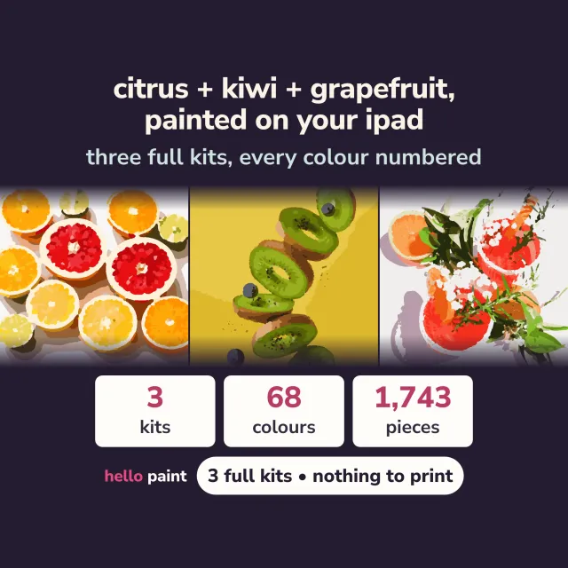 three procreate color by number kits in one fruit trio bundle: citrus halves, kiwi slices and grapefruit cocktail side by side, 68 colors and 1,743 pieces across the three kits