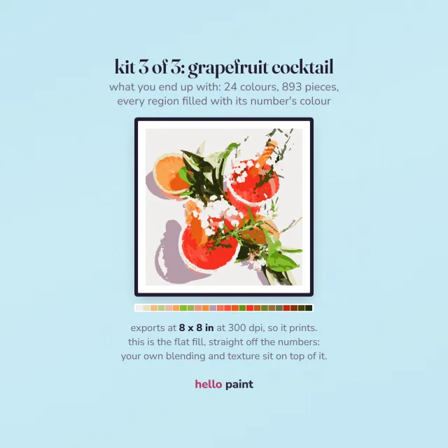 the finished grapefruit cocktail digital painting, kit three of the fruit trio: two cocktails from above with rosemary and baby's breath tucked in, 24 colors and 893 pieces