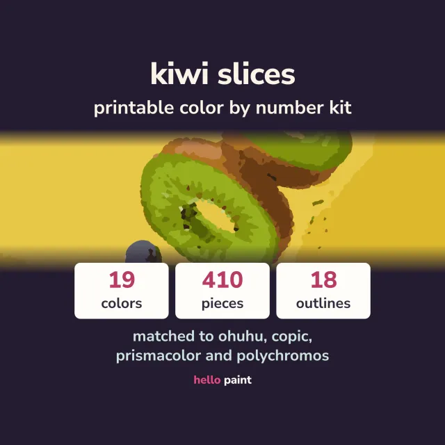 kiwi slices color by number kit: the finished picture of six slices caught mid air with three blueberries falling past them on hot yellow, beside the photo it was cut from and a numbered outline page from the printable pdf