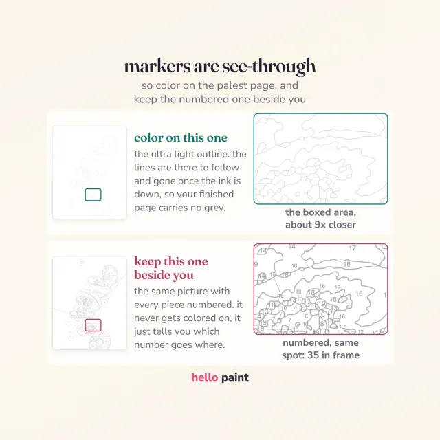 why the kiwi slices outlines print pale grey: alcohol markers are see through, so the numbers and lines sink under the ink instead of showing through