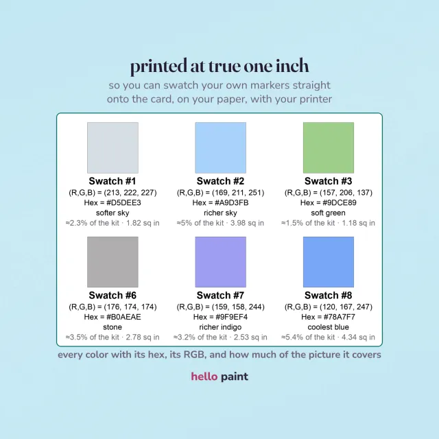 close up of the printable marker swatch card: color squares printed at a true one inch, each labelled with its name, hex code, rgb values and the share of your photo it covers