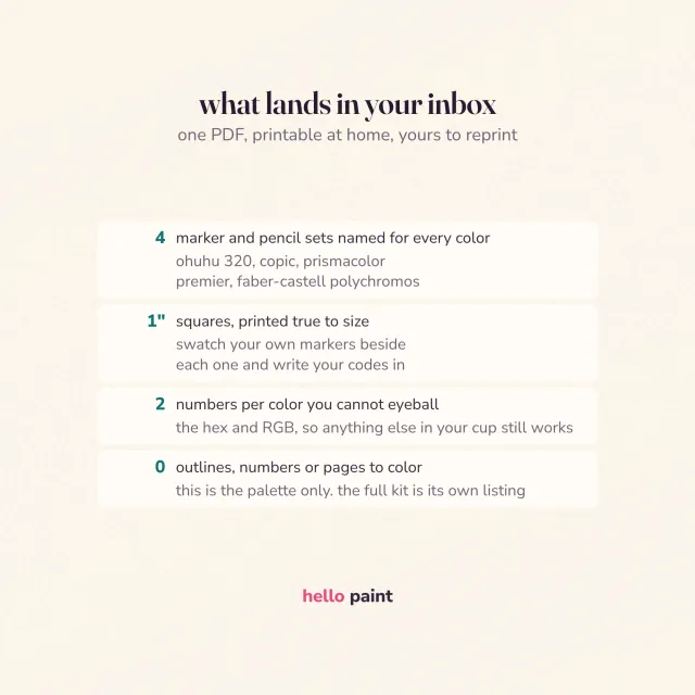 what is in the custom color palette download: a printable swatch card, the four brand match sheets, hex and rgb codes, and a color count you choose