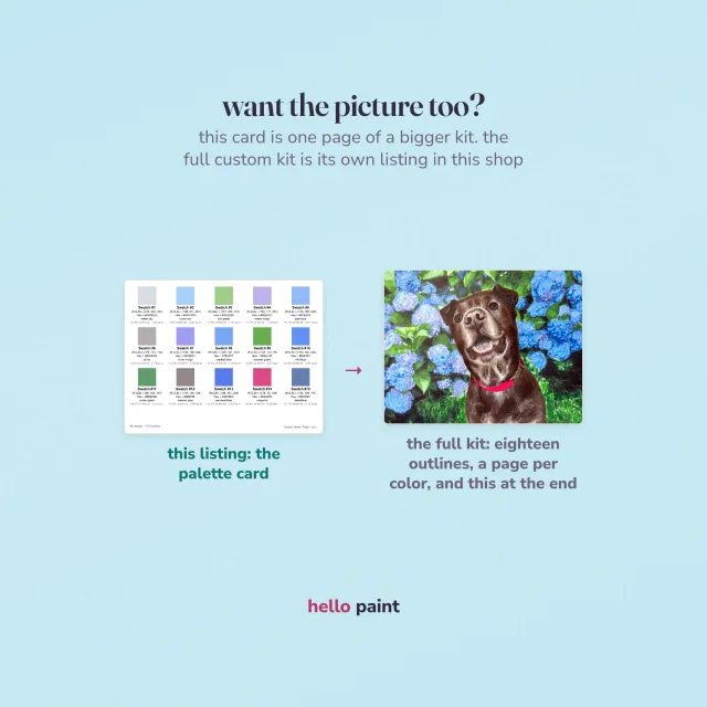 the printable color palette card beside a finished hand painted picture, showing how the swatch chart guides a marker or paint by number piece